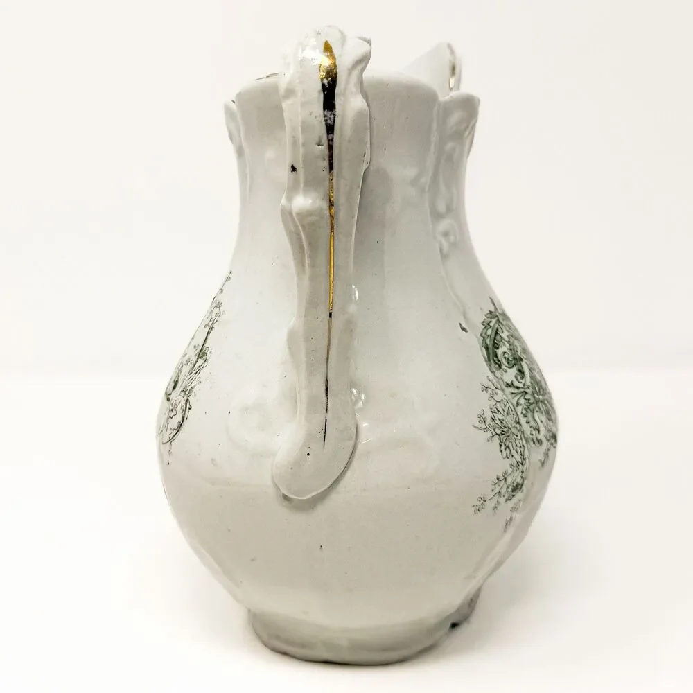 Antique Wick China Co Aurora Ironstone Pitcher Green Transferware Floral Gilt